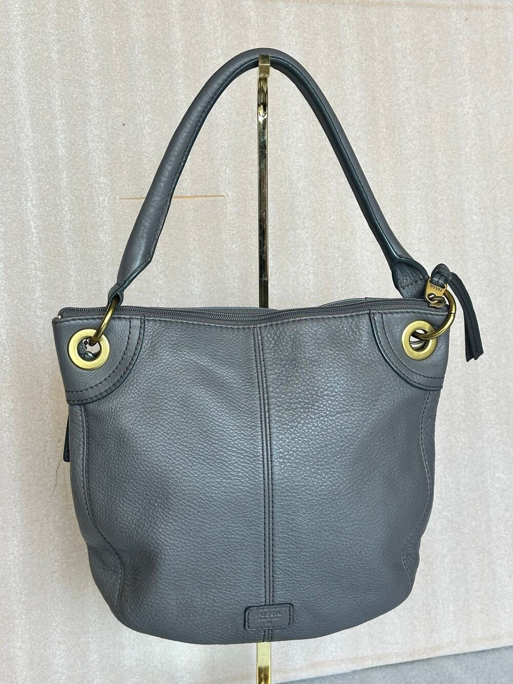 Fossil Gray Leather Shoulder Bag Hobo Crossbody Brass Hardware Convertible